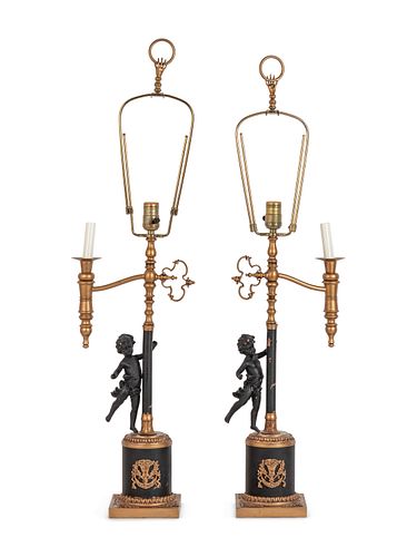 A Pair of Continental Gilt and Patinated Cast Metal Single-Light Candelabra Mounted as Lamps