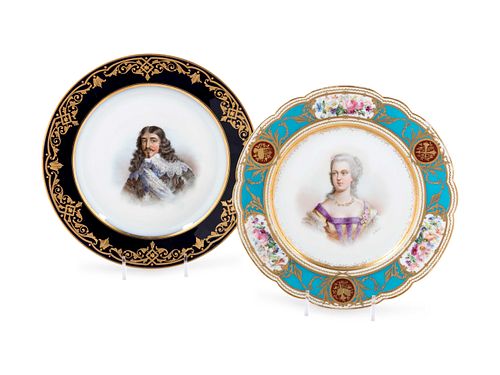 Two Sevres Style Painted and Parcel Gilt Porcelain Plates
