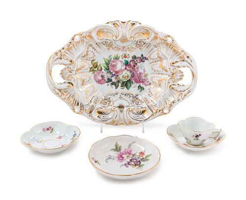 A Continental Porcelain Bowl and Four Meissen Painted and Parcel Gilt Porcelain Articles