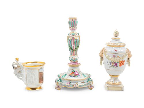 Two Berlin (K.P.M.) Porcelain Articles and a Meissen Painted and Parcel Gilt Candlestick