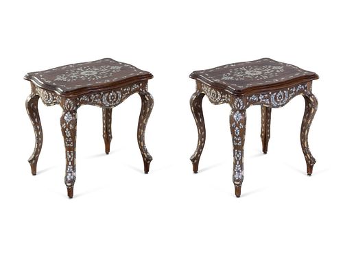 A Pair of Syrian Mother-of-Pearl and Metal Inlaid Walnut Side Tables