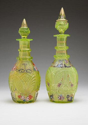 Two Bohemian cut and enameled glass decanters