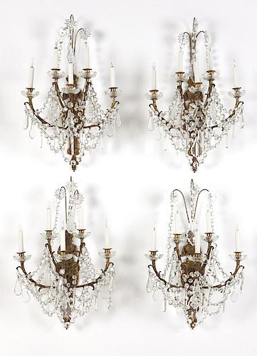 4 Louis XVI-style crystal & bronze wall sconces