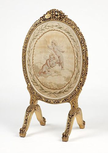 French Aubusson tapestry and giltwood fire screen