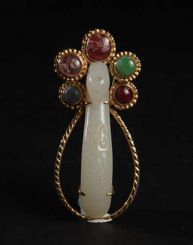 14K Gold Brooch with a White Jade Hook, 18th Century