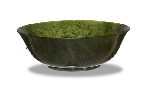 Chinese Green Jade Inlaid Bowl, 18-19th Century