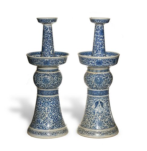 Pair Chinese Blue and White Candle Holders, 19th Century