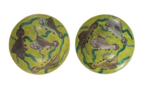Pair of Chinese Sancai Bowls with Fish, 19th Century