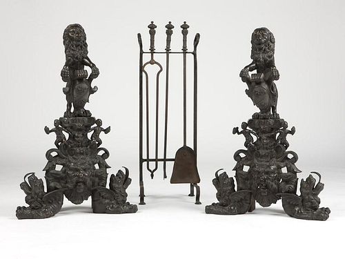 A pair of Renaissance-style cast bronze andirons