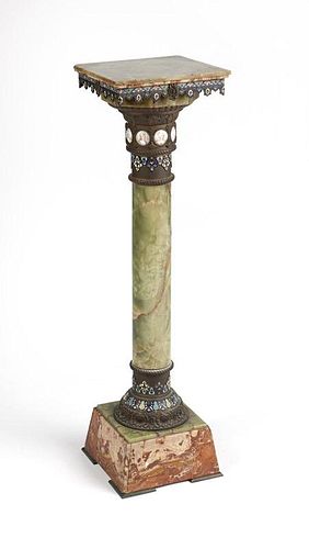 A French champleve, onyx and marble pedestal