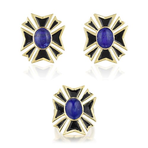 Lapis Lazuli and Enamel Maltese Cross Ring and Earclips Set