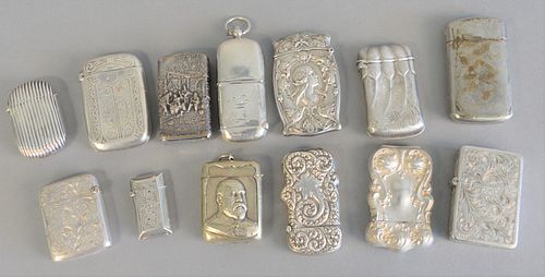 Thirteen silver holders to include 10 match safes with coin holder, 1 with bust of military figure, 3 lighters with cases, etc. 10.5 t.oz.