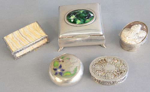 Five various silver boxes with mother of pearl to include shell cameo and 2 enameled, one with mother of pearl insert, a tortoise shell and silver box
