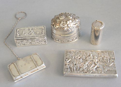 Group of five silver boxes, Tiffany sterling coin case, coin case in the form of a briefcase, snuff bottle, case with hinged lid and a small powder bo