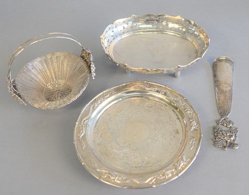 Four piece Chinese silver group to include shoe horn, 2 baskets and a dragon dish, 21.5 t.oz.