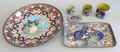 Six piece cloisonne lot to include charger, dia: 14", rectangle tray, 3 containers, 1 small tray.