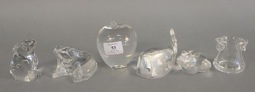Group of 6 Steuben glass pieces to include 2 frogs, rabbit, whale, toothpick holder and an apple, ht. 3 3/4".
