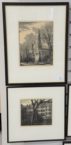 Five Thomas Mason (1889 - 1971) wood engravings and etchings to include "Summer Clouds", "Village Street", "Louisburg Square", "Trees and Mountains", 