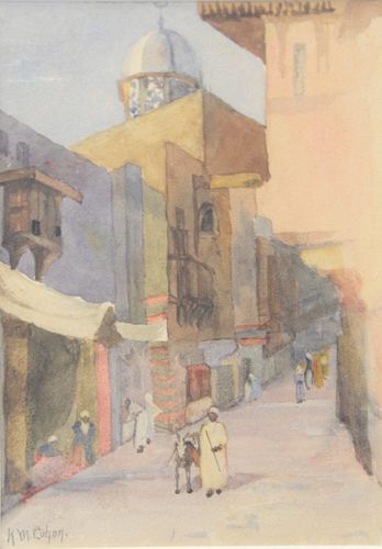 Katherine Myrhilla Cohen (1859 - 1914) watercolor on paper, orientalist street scene, signed lower left KM Cohen, sight size: 7" x 5".