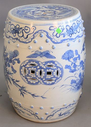 Chinese porcelain blue and white garden seat, ht. 19", Provenance: Estate of Mark W. Izard MD, Cider Brook Road, Avon, CT.
