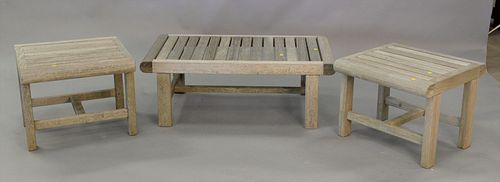 Three piece Kingsley Bate outdoor teak lot to include a coffee table, ht. 15", top 23" x 41" along with two side tables.