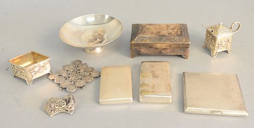 Ten piece group of Chinese and Japanese silver to include silver place card holder, dragon clip, 2 salts with blossoming flower, small vase, Hung Chon