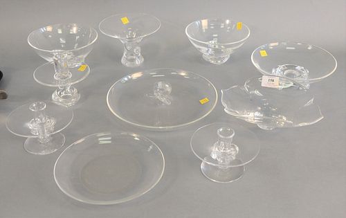 Group of ten Steuben glass pieces to include footed dish, pair of bowls, 2 candlesticks, etc., largest dia. 10 1/2".