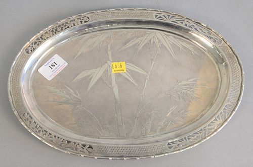 Chinese silver oval tray with bamboo tree decoration, lg. 13", 15.2 t.oz.