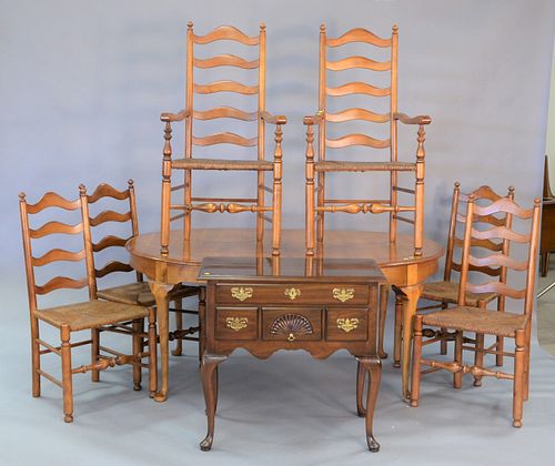 Ten piece dining set to include oval table, top 44" x 65", 8 chairs, 2 non-matching along with a Harden lowboy, ht. 29".