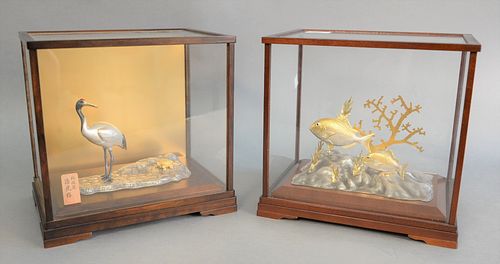 Two Japanese silver pieces in glass cases, fish with coral along with large crane with turtle, ht. 10", wd. 10 1/4".