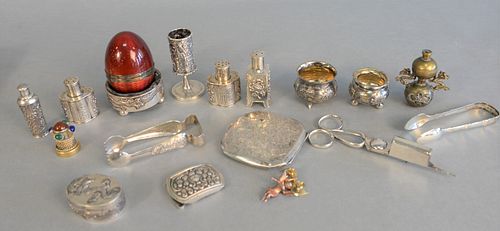 Tray lot of mostly Chinese silver, small casters, slats, small boxes, etc. along with Norwegian 800 silver, gold gilt, lapis, emerald, jade desk seal.