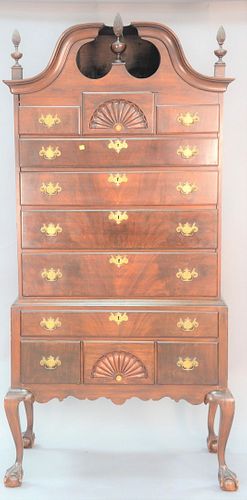 Chippendale style mahogany highboy in 2 parts with full bonnet top and ball and claw feet (made up of older elements), ht. 83", wd. 41".