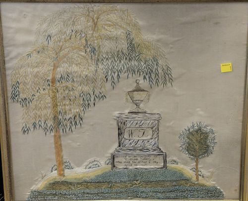 Silk needlework embroidery memorial for William Tiffany, "Sacred to the memory of William Tiffany who died November 2, 1789, Age 39 years", 16" x 18".