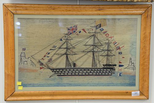 English wooly needlework of a ship, woolwork ship flying British flag with castle on each side, sight size: 13 1/2" x 23".