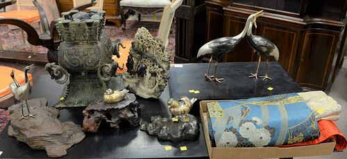 Group of Oriental items to include bronze urn with fam heads, 3 bird sculptures on stands and three silk Chinese cloths.
