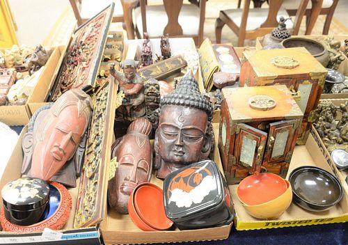 Seven tray lots of Japanese and Asian items to include soapstone figures, lacquered boxes, carved mask, carved plaques, lacquered fan box, lacquered b