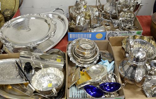 Five tray lots of silverplate to include 3 large trays, tilting pot, bowls, candlesticks, wine bottle coasters, large frog, etc.