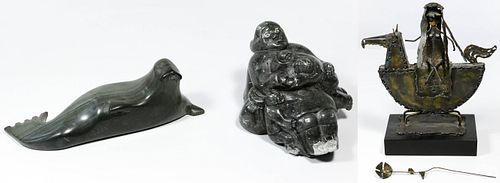 Inuit Carved Soapstone and Metal Statues