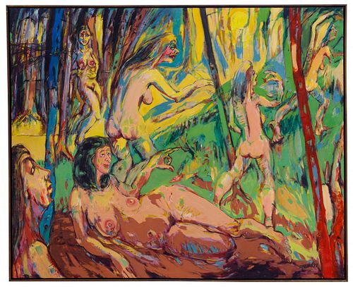 Beard (American, 20th Century) 'Naked Ladies in the Trees' Oil on Canvas