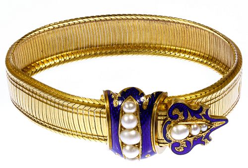 18k Gold, Enamel and Pearl Adjustable Bracelet