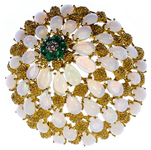 18k Gold, Opal, Emerald and Diamond Brooch