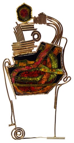 William Harper Mixed Gold, Sterling Silver and Cloisonne Enamel on Copper Bondage Pin / Brooch
