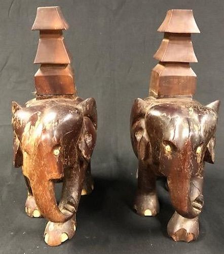 Vintage Carved Wood Elephant Pair Incense Burners