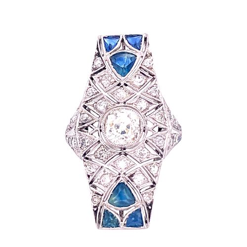 Art Deco Platinum Diamonds Sapphire Ring