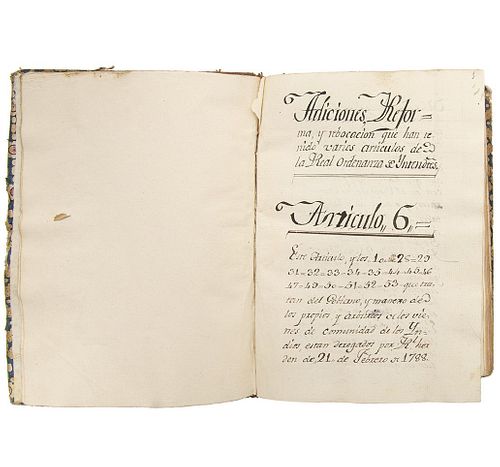 Adiciones, Reforma y Rebocación que han Tenido Varios Artículos de la Real Ordenanza de Yntendentes. Manuscrito Anónimo. Madrid, 1791.