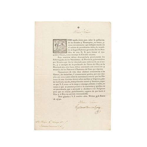 Güemes Pacheco, Juan Vicente de. Carta dirigida al Yllmo. Obispo de Guadalaxara. México, 1791. Signed.