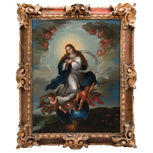 MIGUEL JERÓNIMO ZENDEJAS (PUEBLA, MÉX, 1724-1815), Virgin of the Immaculate Conception, Oil on copper sheet, Signed