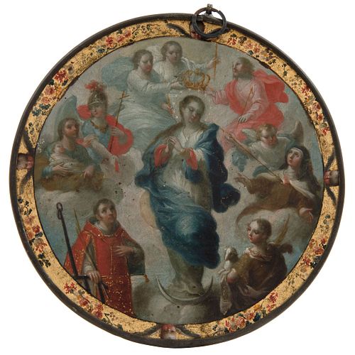Nun's shield, Mexico, 19th century, Oil on zinc sheet with golden details