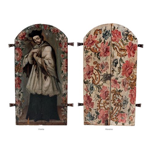 Sacristy Doors, Mexico, 19th century, Wood carved and handpainted with the image of St. John Nepomucene