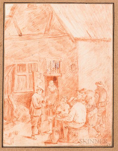 Dutch School, 17th-19th Centuries, Six Framed Drawings: Four Landscapes, a Study of Two Figures, and a Genre Scene Outside a Tavern, Mo